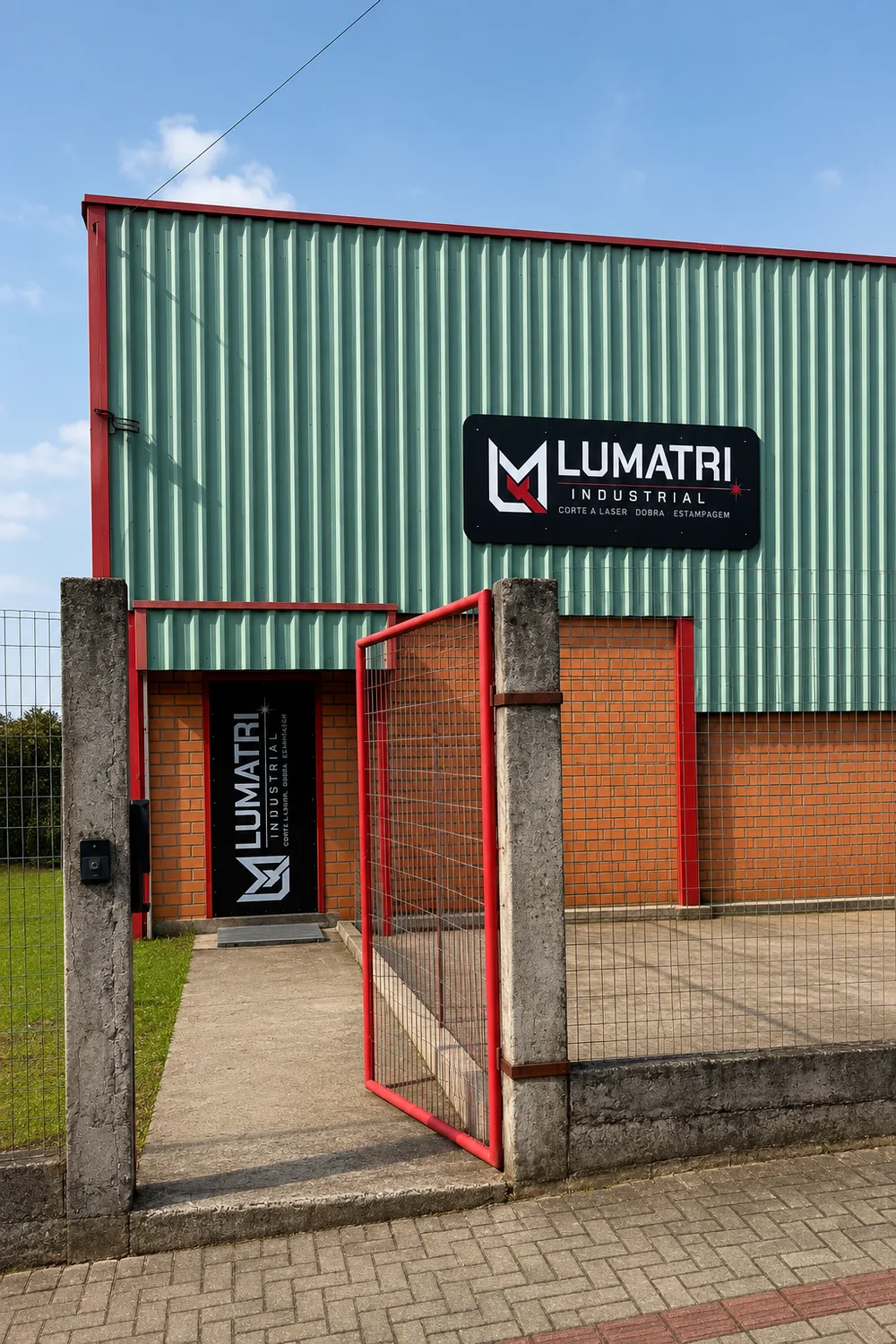 Entrada da Lumatri Industrial, portão e fachada